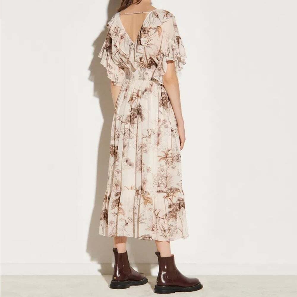 SANDRO Long Printed Dress With Ruffles - Picture 2 of 14